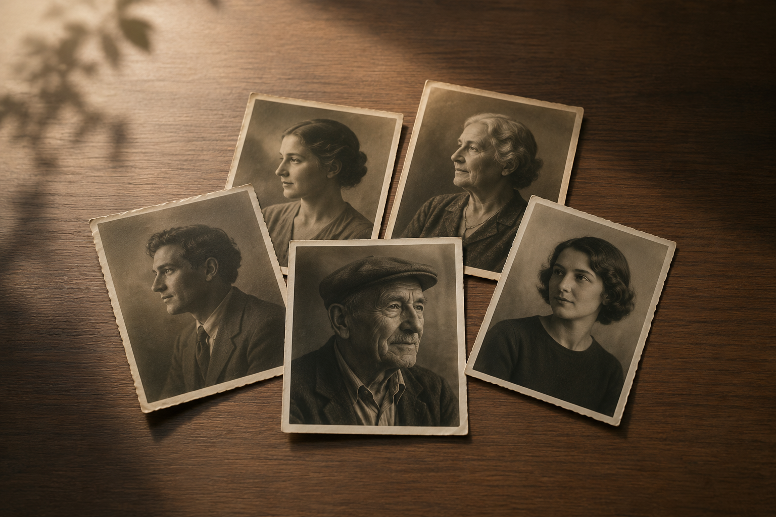 Cinco retratos antiguos de familia reposan sobre una mesa de madera, iluminados por una luz cálida.