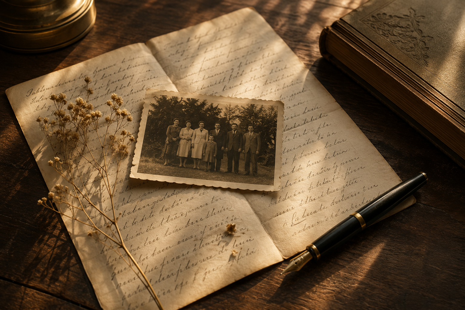 Una fotografía antigua de familia reposa sobre una carta manuscrita, junto a flores secas y una pluma estilográfica.