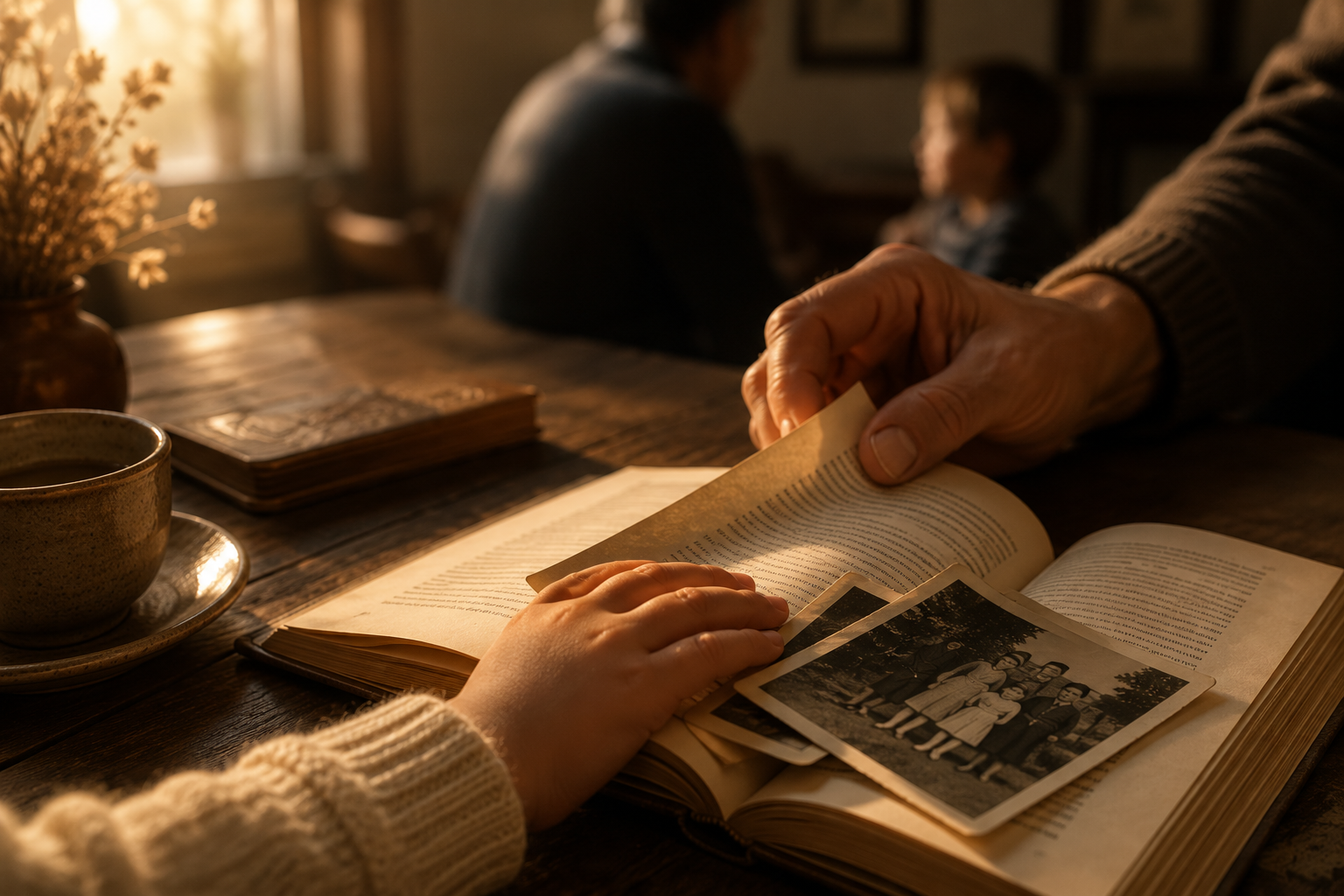 Una mano adulta y una mano infantil comparten la misma página de un libro abierto sobre una mesa de madera, junto a una fotografía familiar antigua y una taza de café, bajo una luz cálida de tarde.
