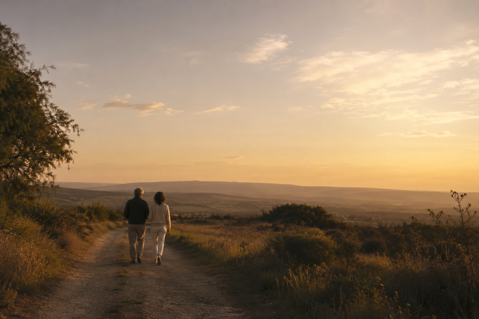Una pareja mayor camina de la mano por un sendero de tierra al atardecer, con un paisaje amplio de colinas iluminadas por una luz cálida y dorada.