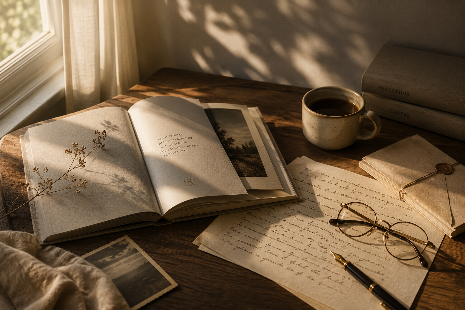 Cartas manuscritas, una pluma estilográfica, gafas y una taza de café junto a un libro abierto sobre una mesa iluminada por luz cálida.